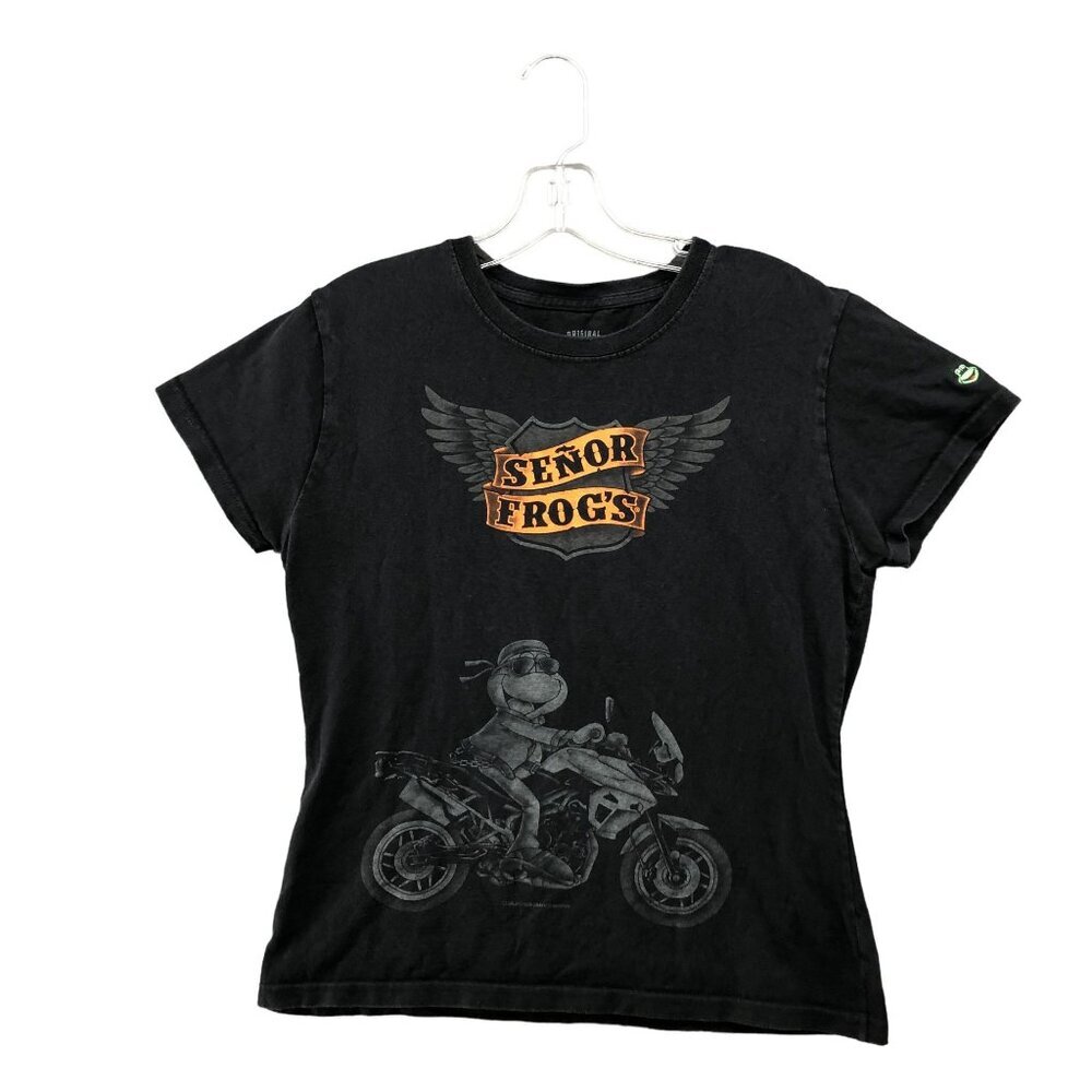 Senior Frogs T Shirt Womens L Black Fitted Short Sleeve Motorcycle‎ Graphic